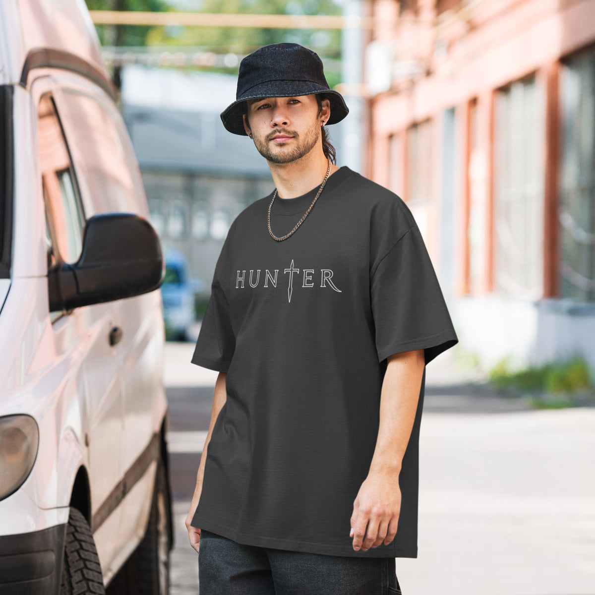 HUNTER mens oversized faded t shirt faded black front — product mockup