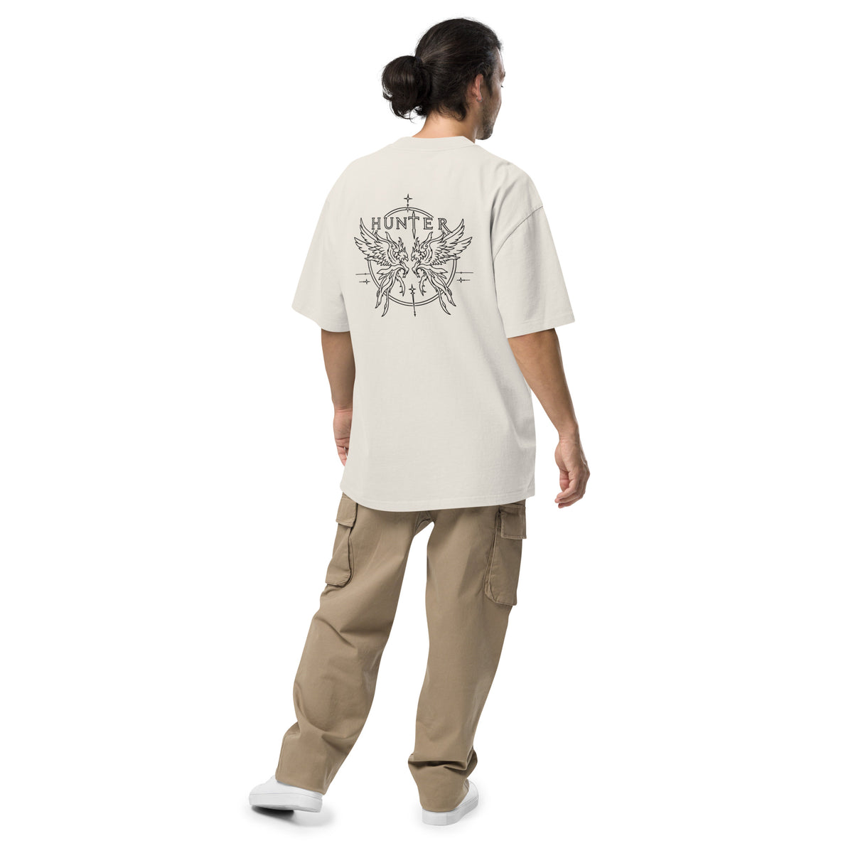 HUNTER mens oversized faded t shirt faded bone back — product mockup