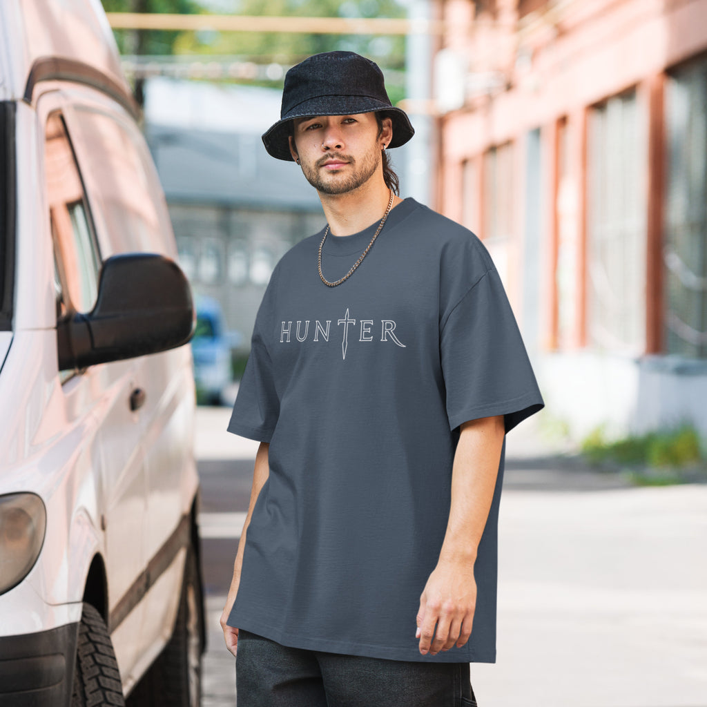 HUNTER mens oversized faded t shirt faded indigo front — product mockup