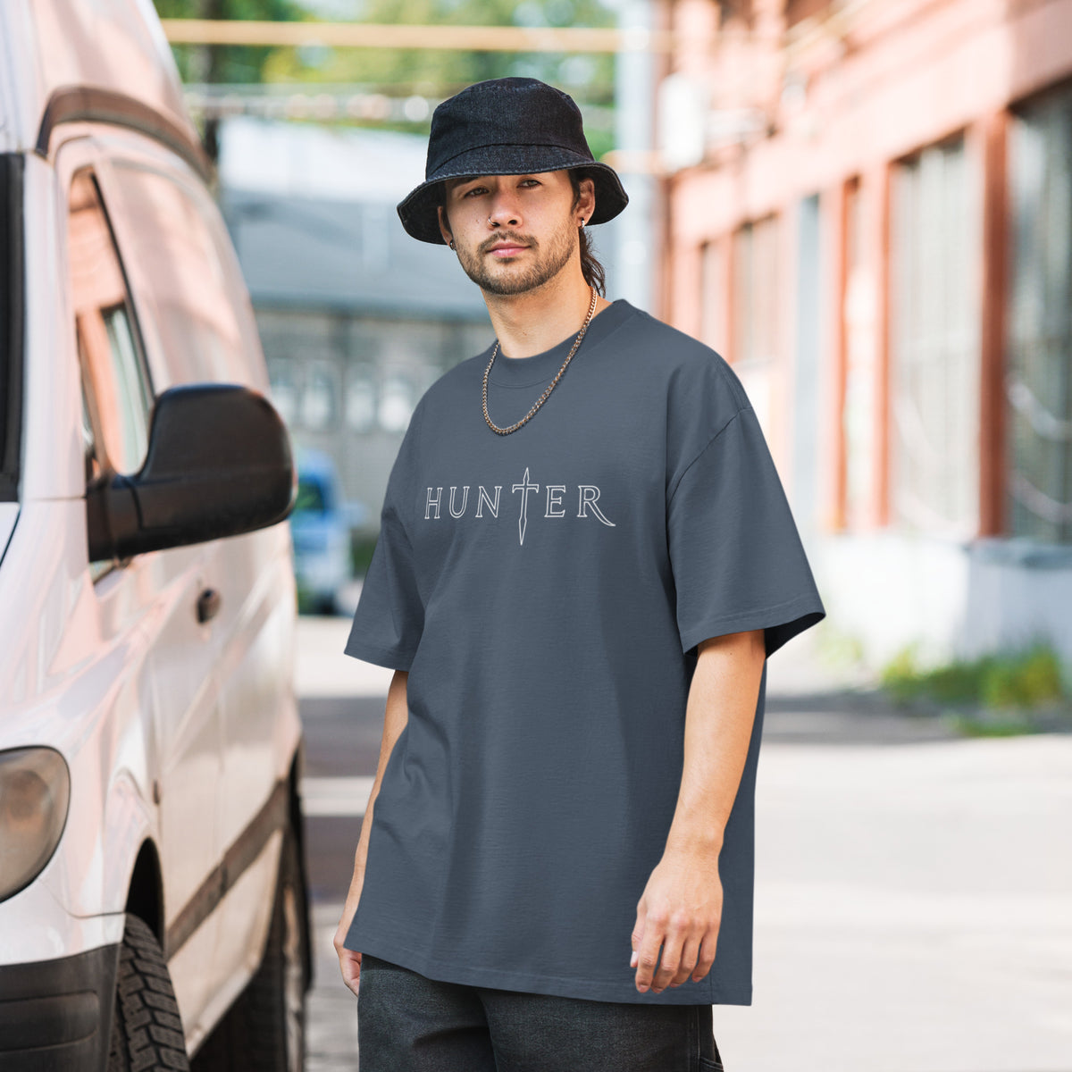 HUNTER mens oversized faded t shirt faded indigo front — product mockup