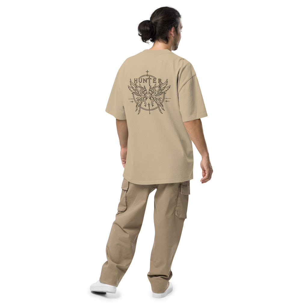 HUNTER mens oversized faded t shirt faded khaki back — product mockup