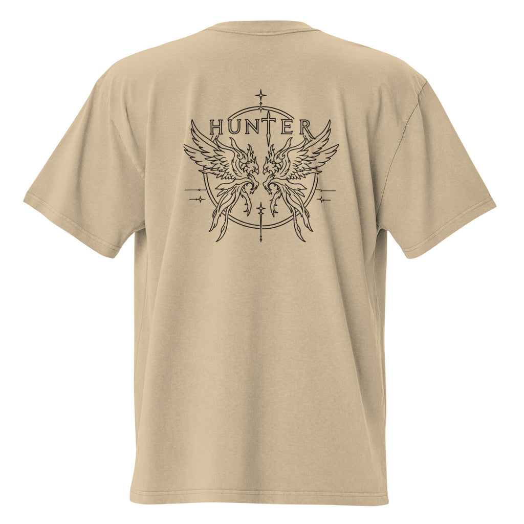 HUNTER mens oversized faded t shirt faded khaki back — product mockup