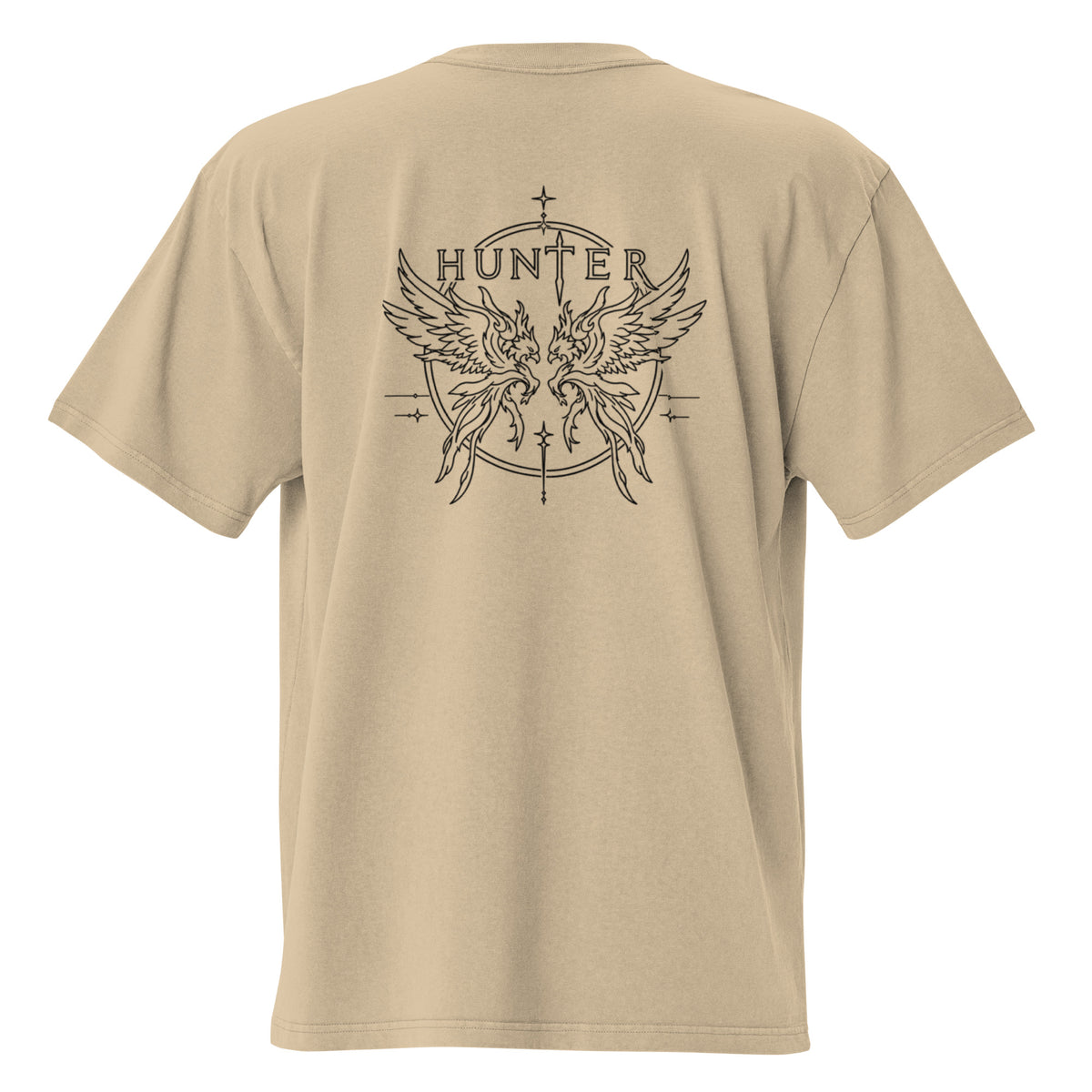 HUNTER mens oversized faded t shirt faded khaki back — product mockup
