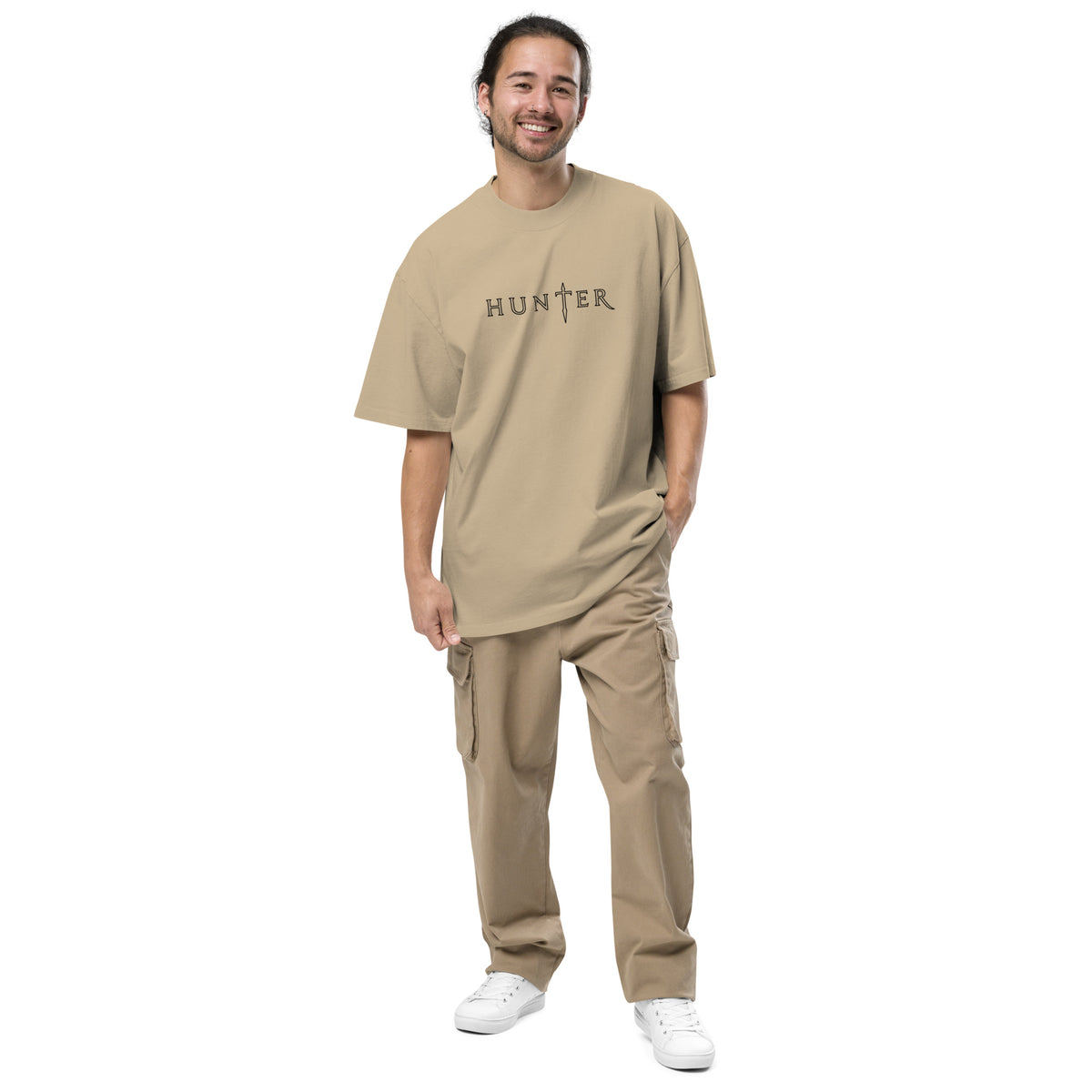 HUNTER mens oversized faded t shirt faded khaki front — product mockup