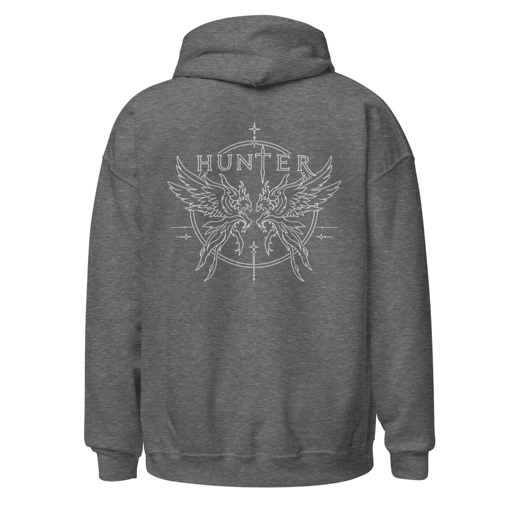 HUNTER unisex heavy blend hoodie graphite heather back — product mockup