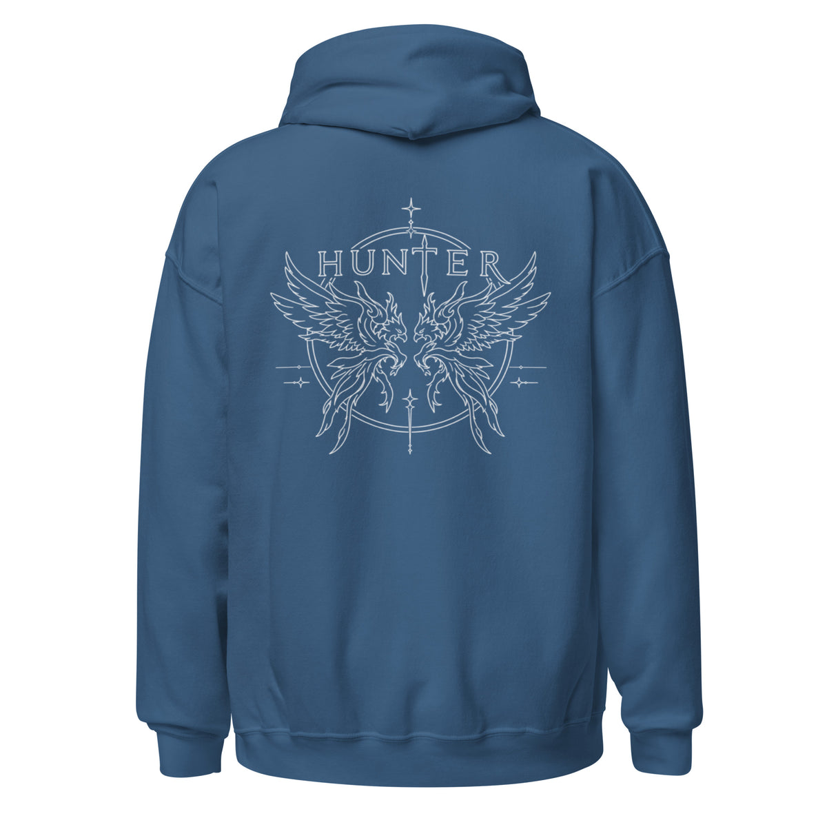 HUNTER unisex heavy blend hoodie indigo blue back — product mockup